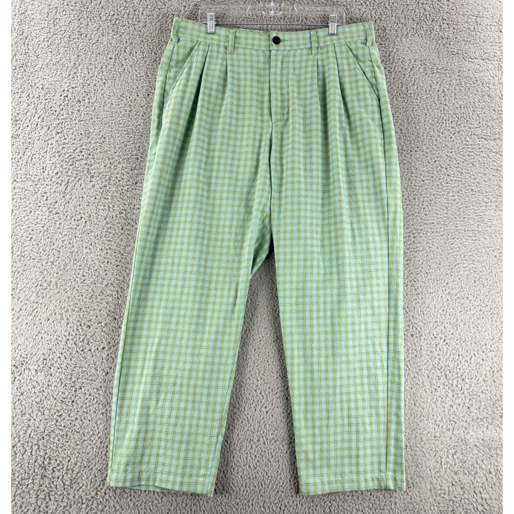 Obey Plaid Pleated Pants Mens 36 Green Blue Skate Streetwear Wide Leg Trousers